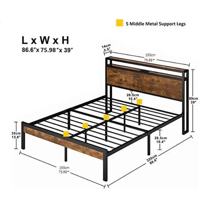 Metal Platform Bed with Wooden Headboard and Usb