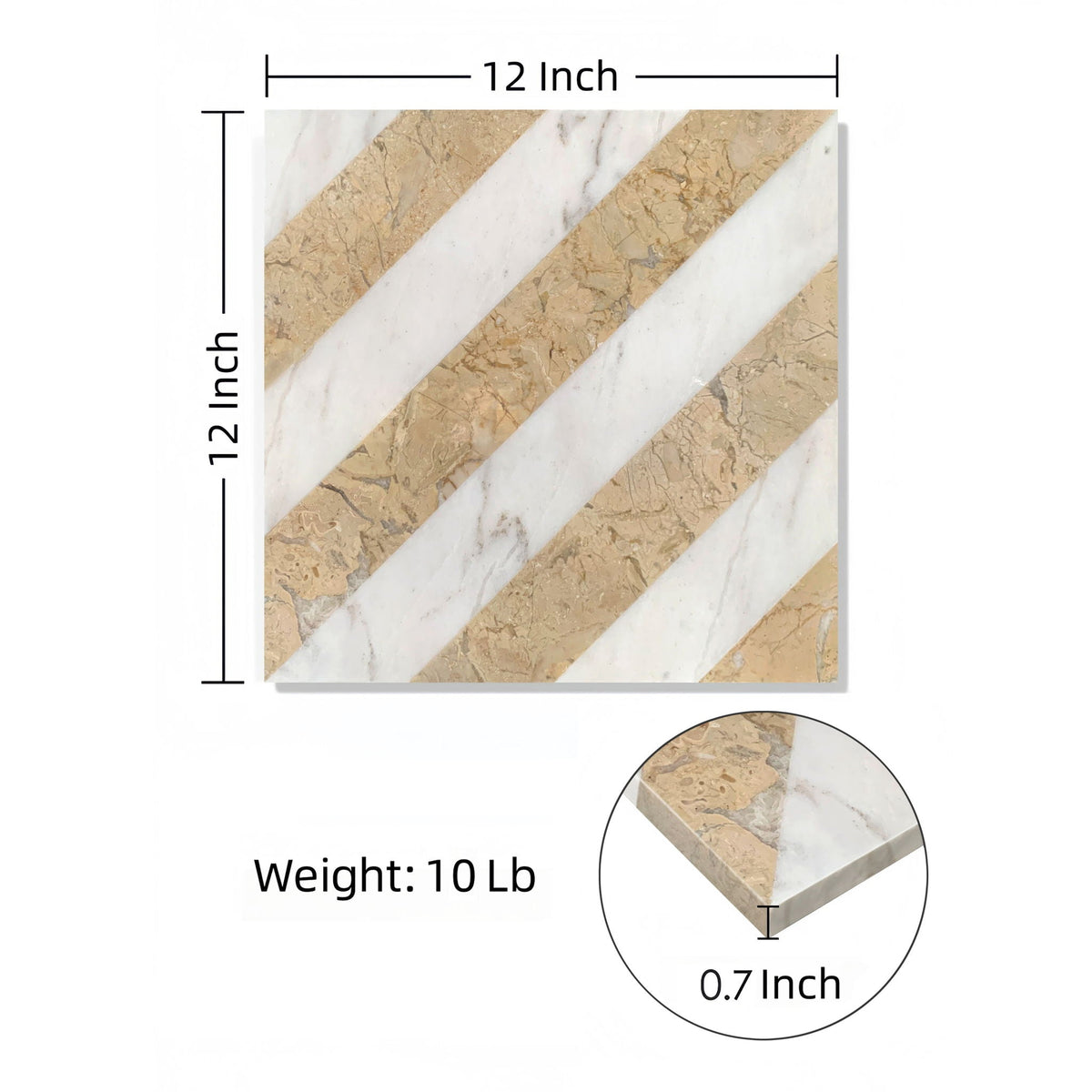 Polished marble tile with diagonal gold beige stripes, 12x12 in, HouseOfZazla on Tampa Home & Garden Store