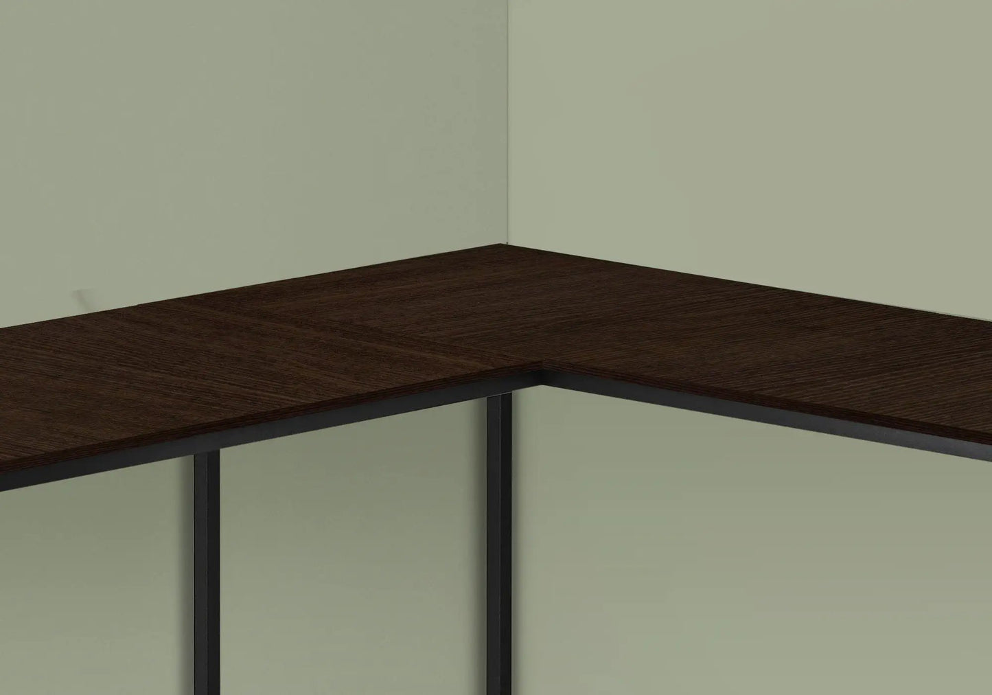 Corner L-shaped computer desk with dark wood grain top and black metal frame for home office on Tampa Home & Garden Store