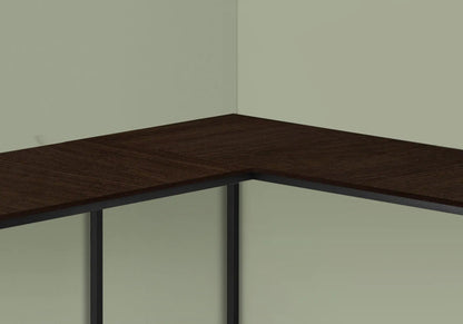 Corner L-shaped computer desk with dark wood grain top and black metal frame for home office on Tampa Home & Garden Store