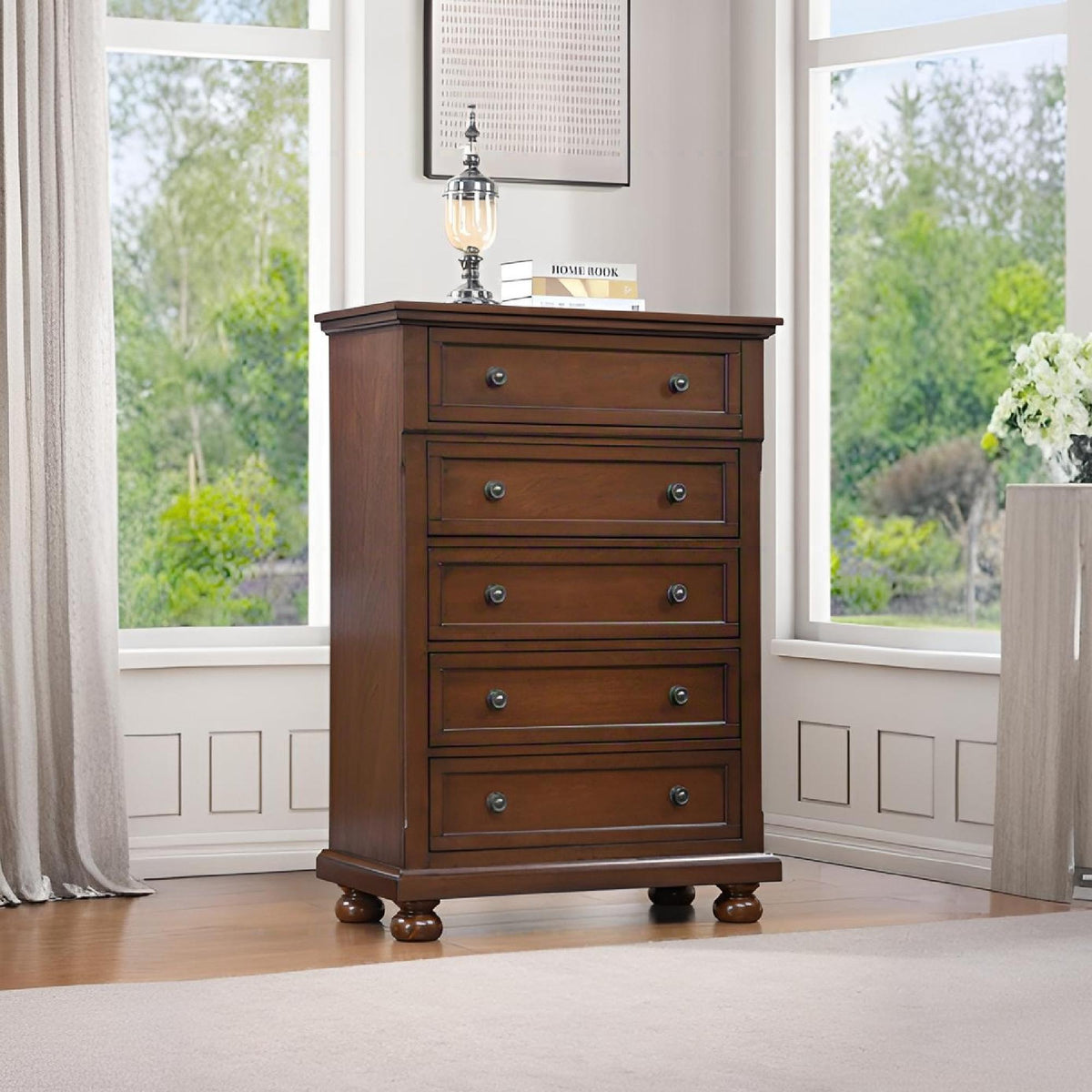 Meade Chest with Felt Lined Top Drawer dark brown wood accent chest with lamp and books on top on Tampa Home & Garden Store
