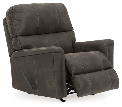 Navi rocker recliner by Unique Piece Furniture in dark brown faux leather with plush back and padded arms on Tampa Home & Garden Store