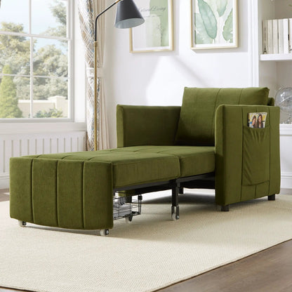 Upholstered green sleeper futon sofa with side pockets and storage, rolling metal base in room on Tampa Home & Garden Store