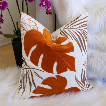 Autumn Vibes Leaf Accent Pillow orange leaf pattern on white fabric Unique Piece Furniture on Tampa Home & Garden Store