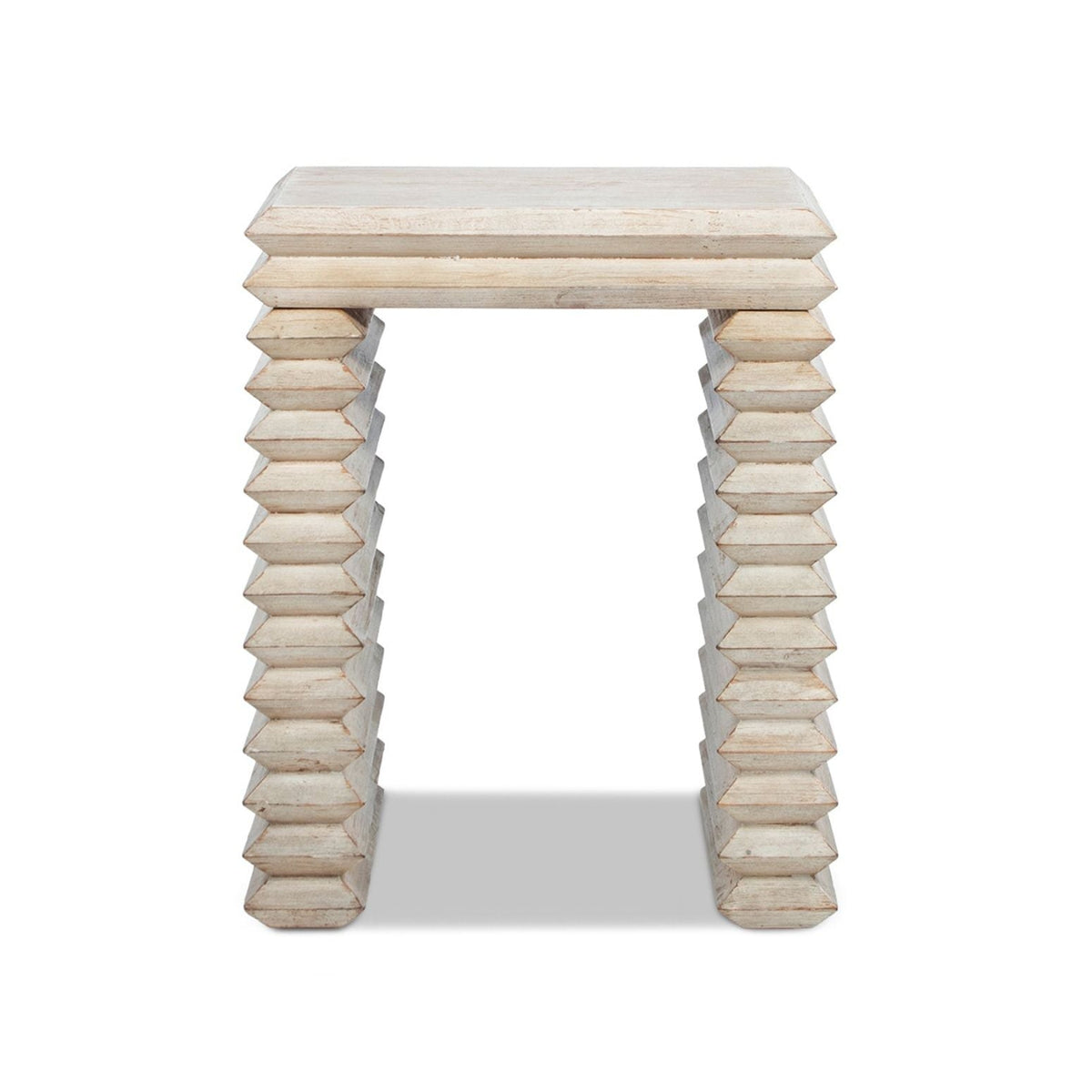 Geometric waterfall console table in solid wood with whitewashed light brown finish on Tampa Home & Garden Store