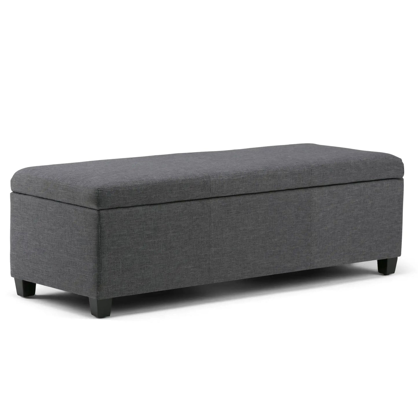 Avalon storage ottoman bench in gray fabric with clean lines and short black legs on Tampa Home & Garden Store