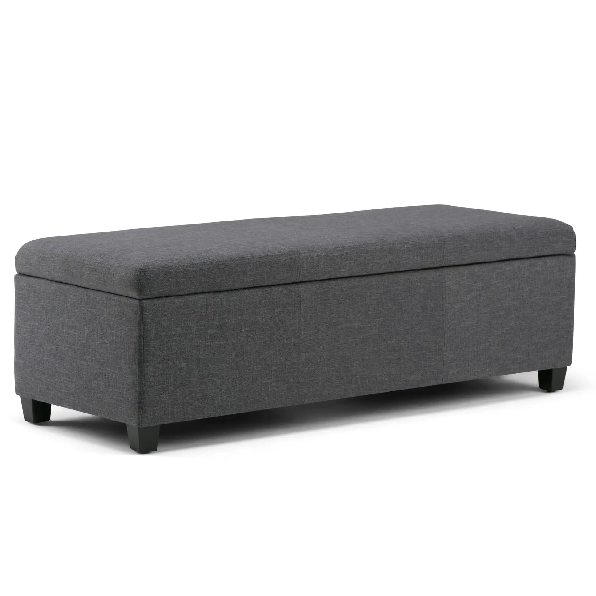 Avalon storage ottoman bench in gray fabric with clean lines and short black legs on Tampa Home & Garden Store