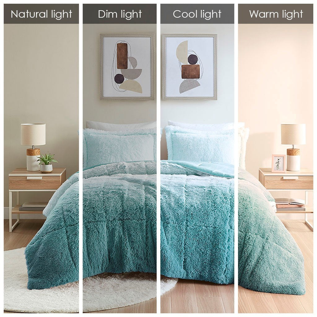 Full/Queen Ombre Shaggy Long Fur Comforter Mini Set by HouseOfZazla in teal gradient on Tampa Home & Garden Store
