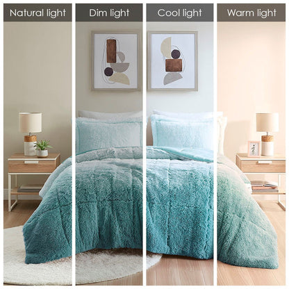 Full/Queen Ombre Shaggy Long Fur Comforter Mini Set by HouseOfZazla in teal gradient on Tampa Home & Garden Store