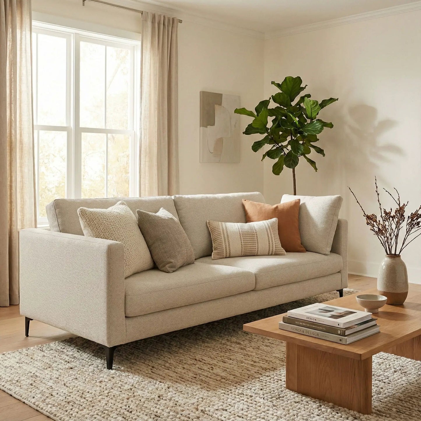 Ava Mid Century Upholstered Sofa in beige fabric, stationary sofa by Unique Piece Furniture on Tampa Home & Garden Store