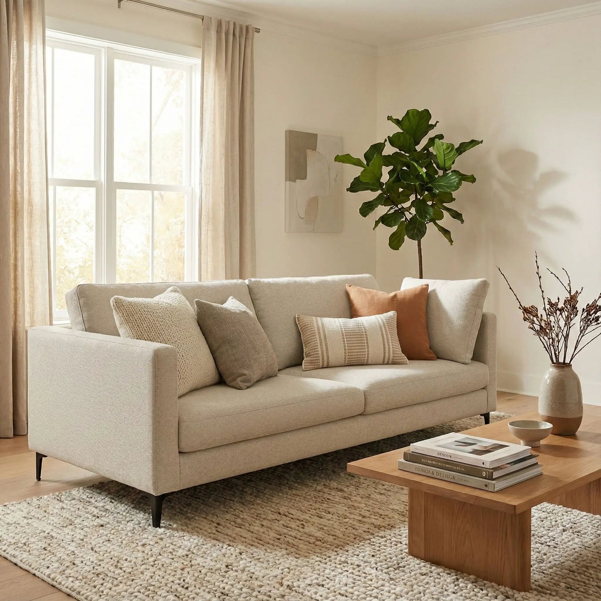 Ava Mid Century Upholstered Sofa in beige fabric, stationary sofa by Unique Piece Furniture on Tampa Home & Garden Store