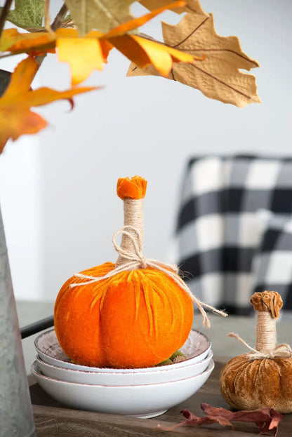 Velvet pumpkin ornament, orange, twine-stem, set of 6 on white bowls on Tampa Home & Garden Store