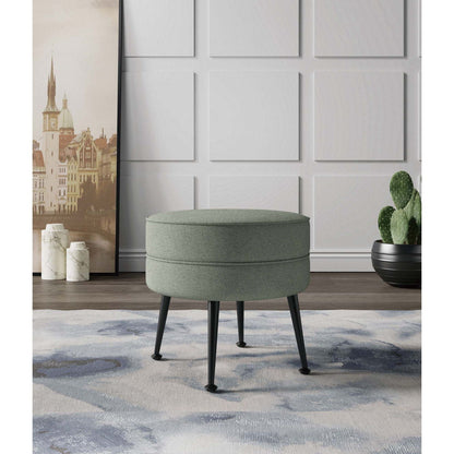 Bailey Accent Ottoman, green textured fabric, round cushioned seat with black tapered legs on Tampa Home & Garden Store