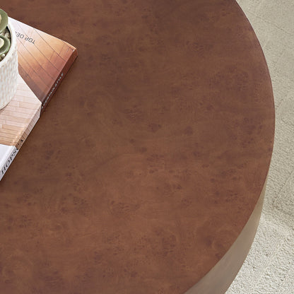 31.49'' faux burl wood round coffee table with sturdy pedestal; pink book and white planter on Tampa Home & Garden Store