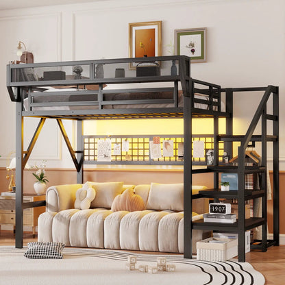 Loft Bed With Stairs And Storage dark metal frame with mesh panels and built-in storage on Tampa Home & Garden Store