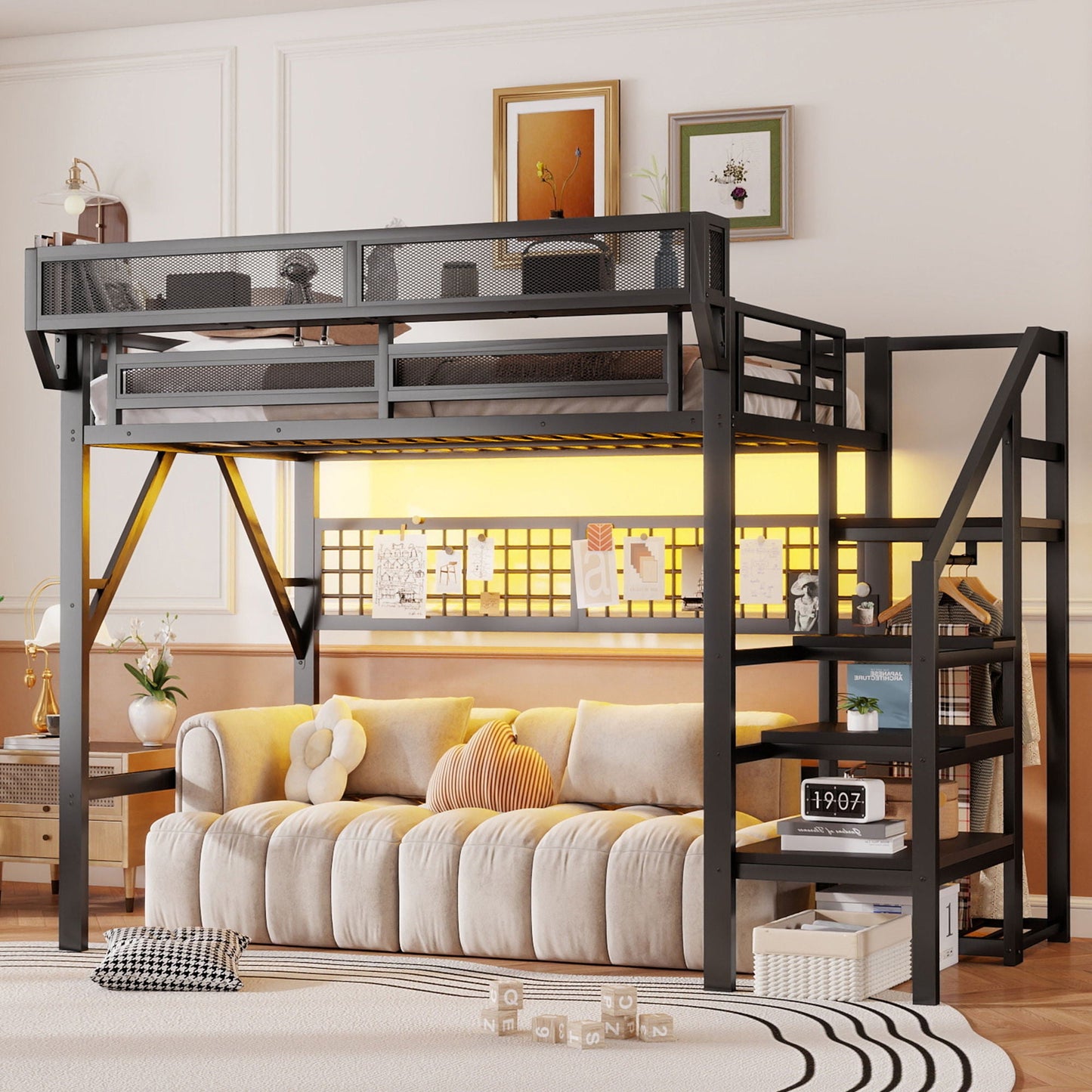 Loft bed with stairs and storage, dark gray metal frame above a beige sofa in a bright room on Tampa Home & Garden Store