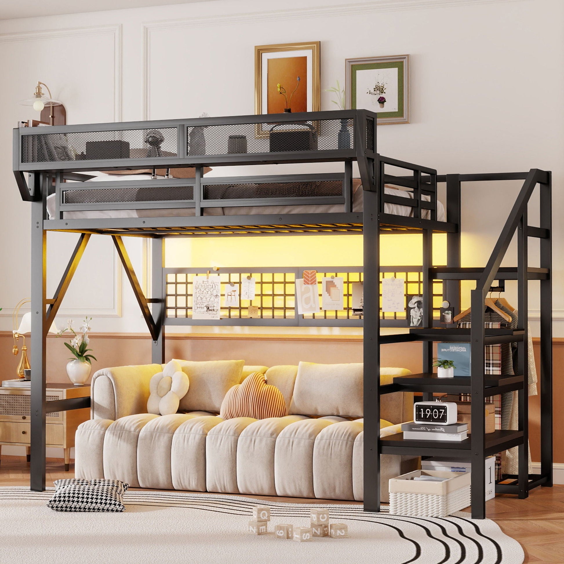 Loft bed with stairs and storage, dark gray metal frame above a beige sofa in a bright room on Tampa Home & Garden Store