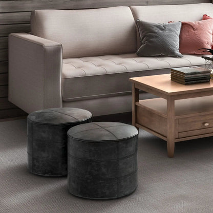 Connor Handcrafted Round Pouf set of 3 in black faux leather, tufted top on Tampa Home & Garden Store