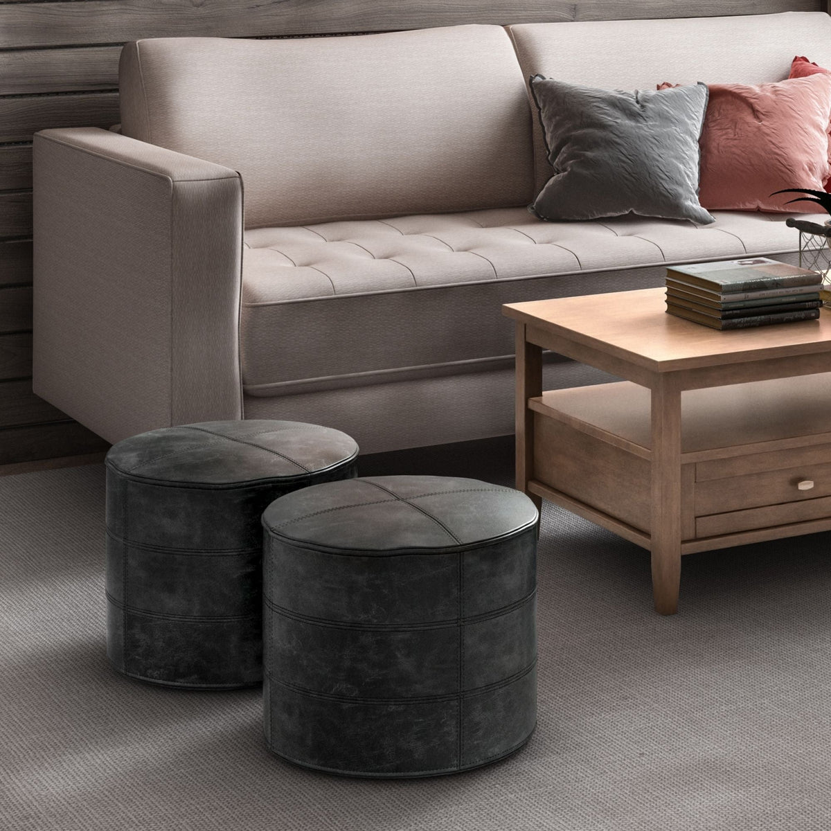 Handcrafted round leather poufs, distressed black, HouseOfZazla accent poufs set of 2 on Tampa Home & Garden Store