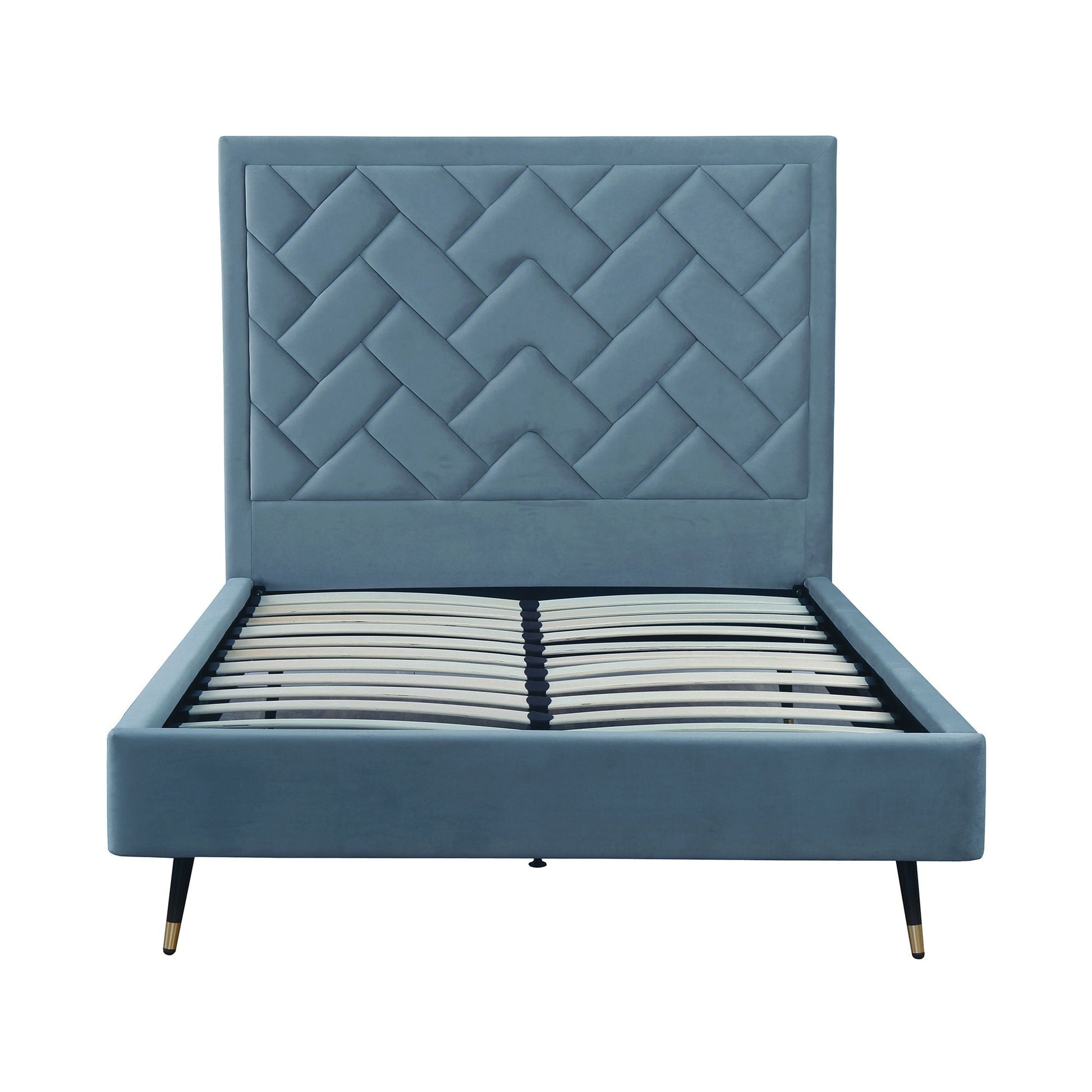 Crosby upholstered bed with blue diamond-tufted headboard and slats on Tampa Home & Garden Store