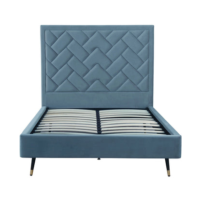 Crosby upholstered bed with blue diamond-tufted headboard and slats on Tampa Home & Garden Store