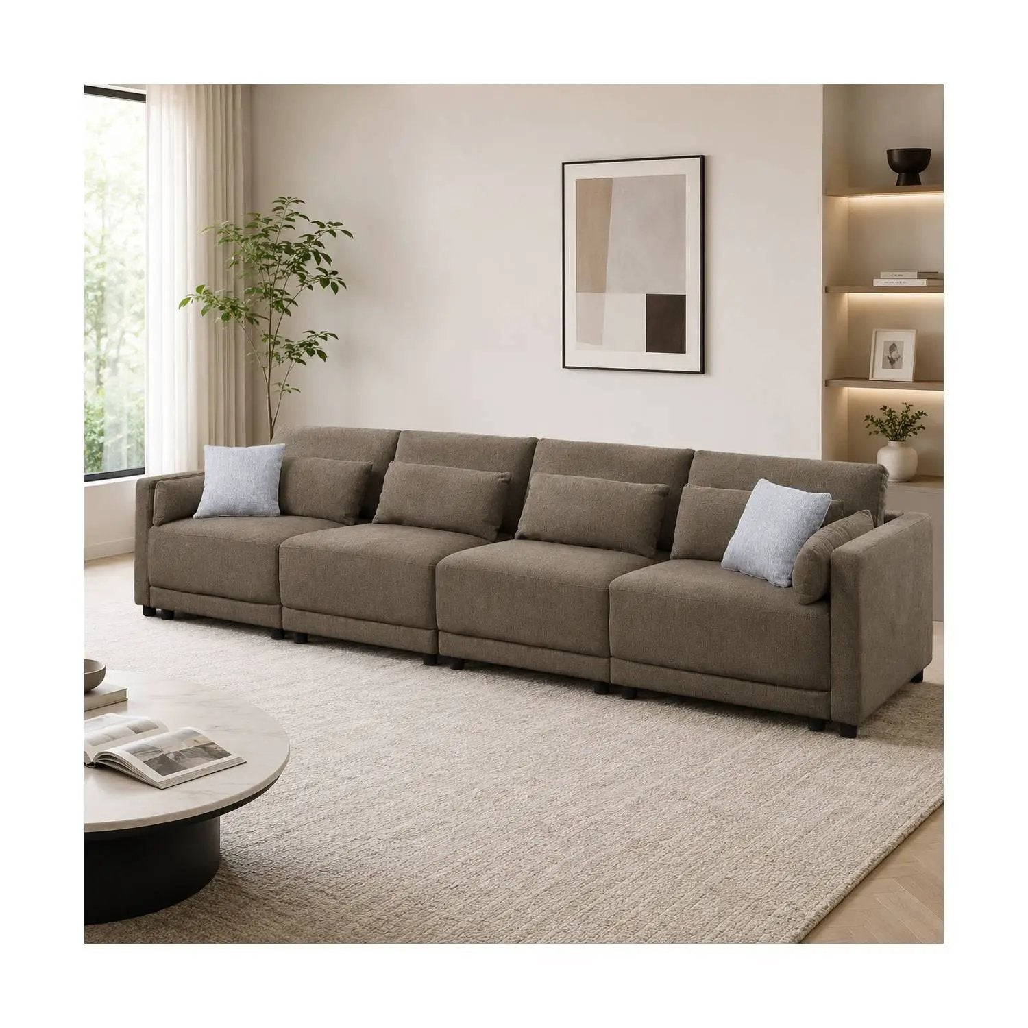 Rylie modular sectional sofa with toss pillows in taupe fabric, five-seat arrangement on Tampa Home & Garden Store