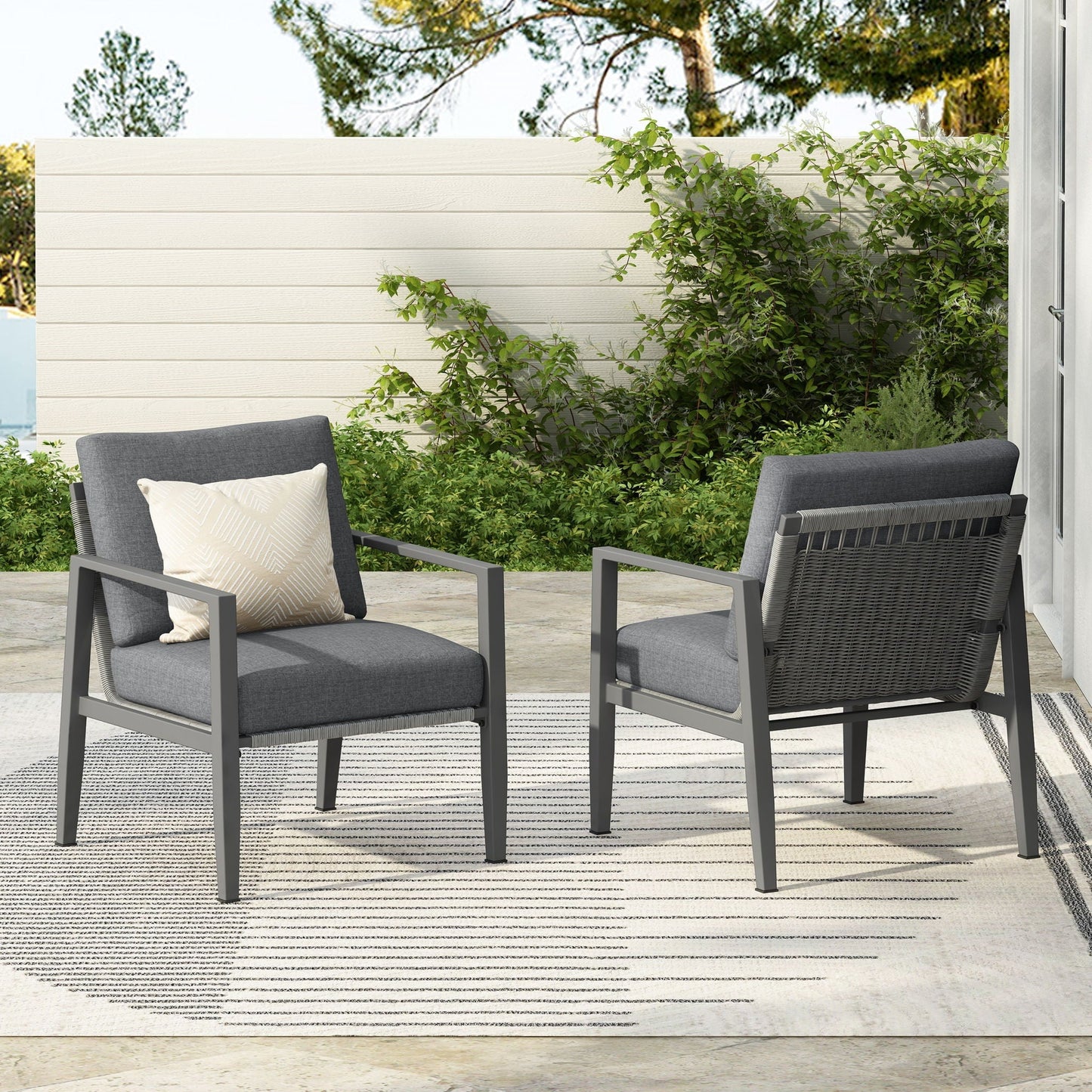 Modern lounge chairs with rope accents and cushions, 2 dark gray metal-frame seats HouseOfZazla on Tampa Home & Garden Store
