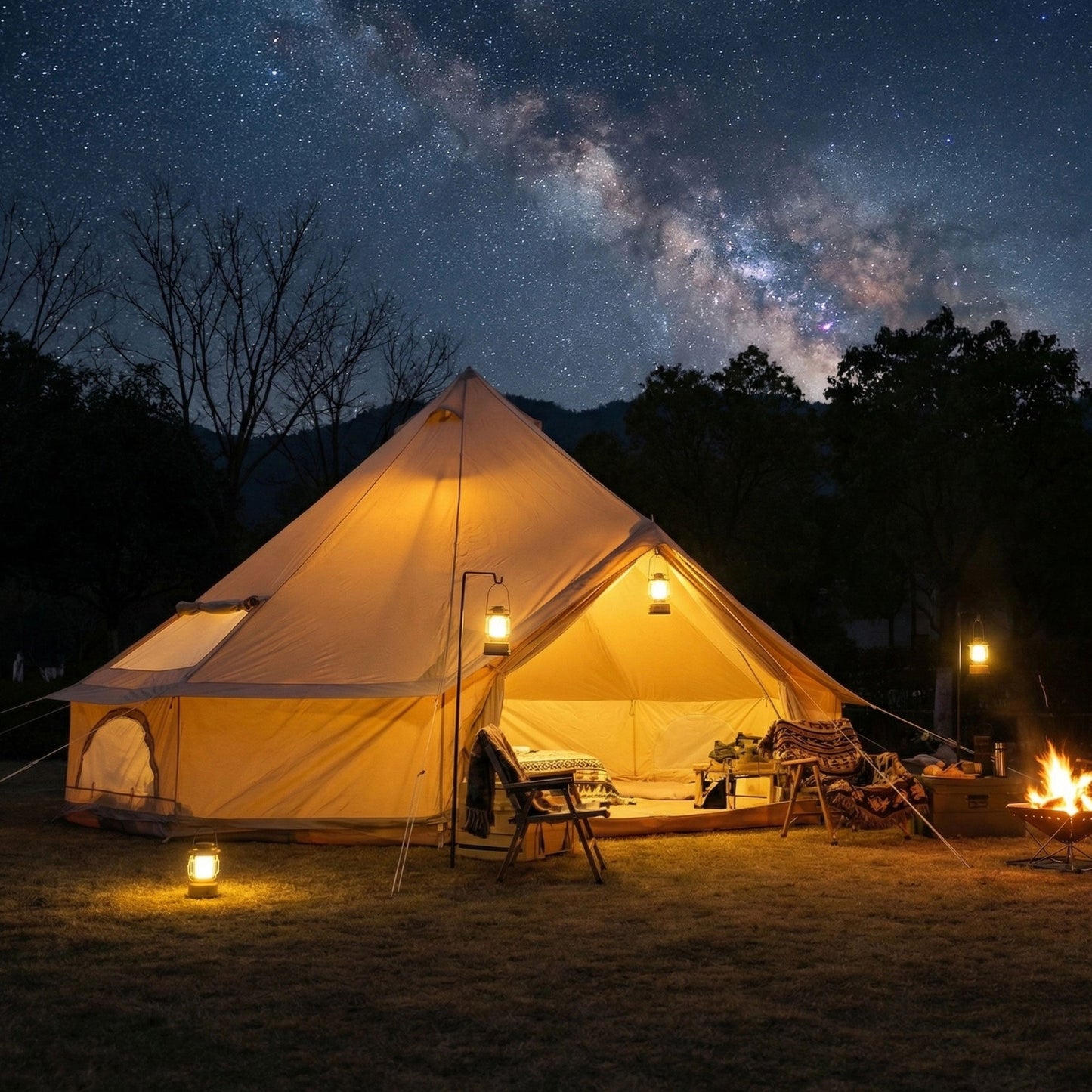 Bell Tent 4 Season 16.4FT beige canvas by HouseOfZazla with lanterns under a starry sky on Tampa Home & Garden Store