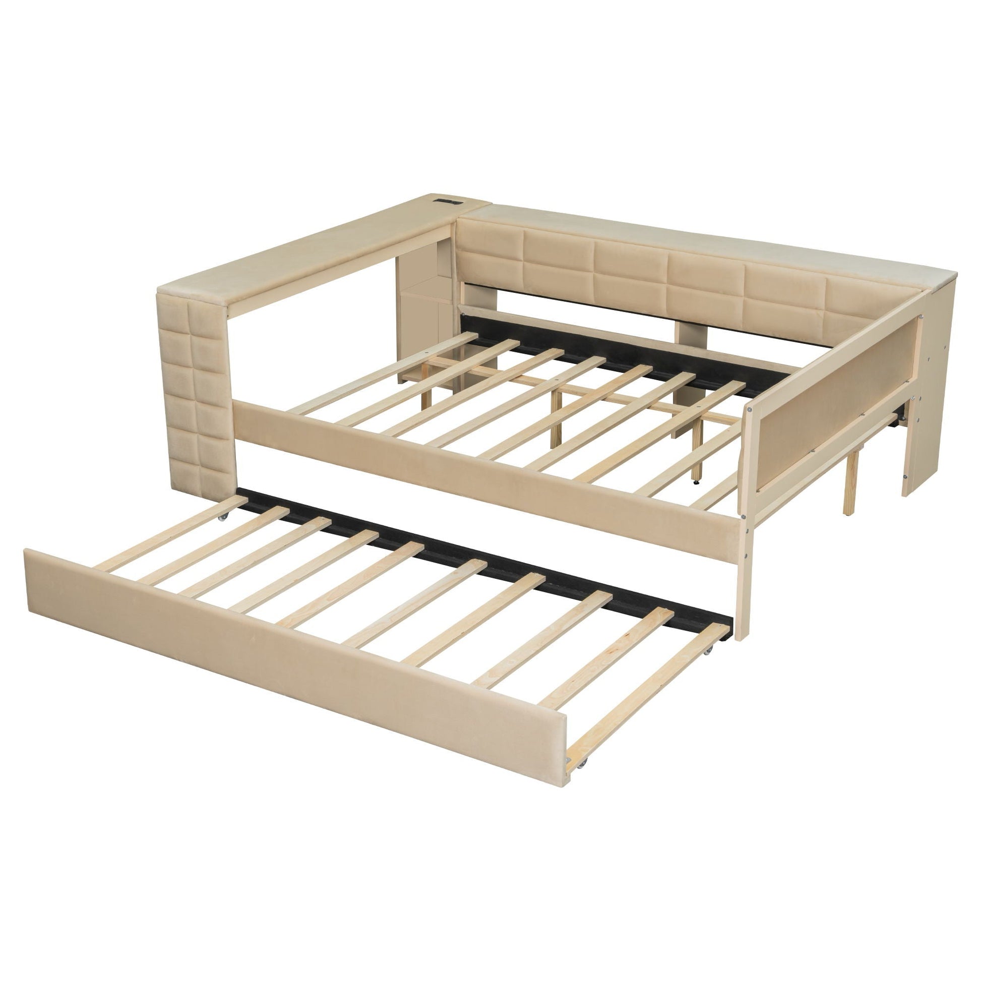 Beige upholstered platform bed with built-in storage, shelves and trundle by HouseOfZazla on Tampa Home & Garden Store