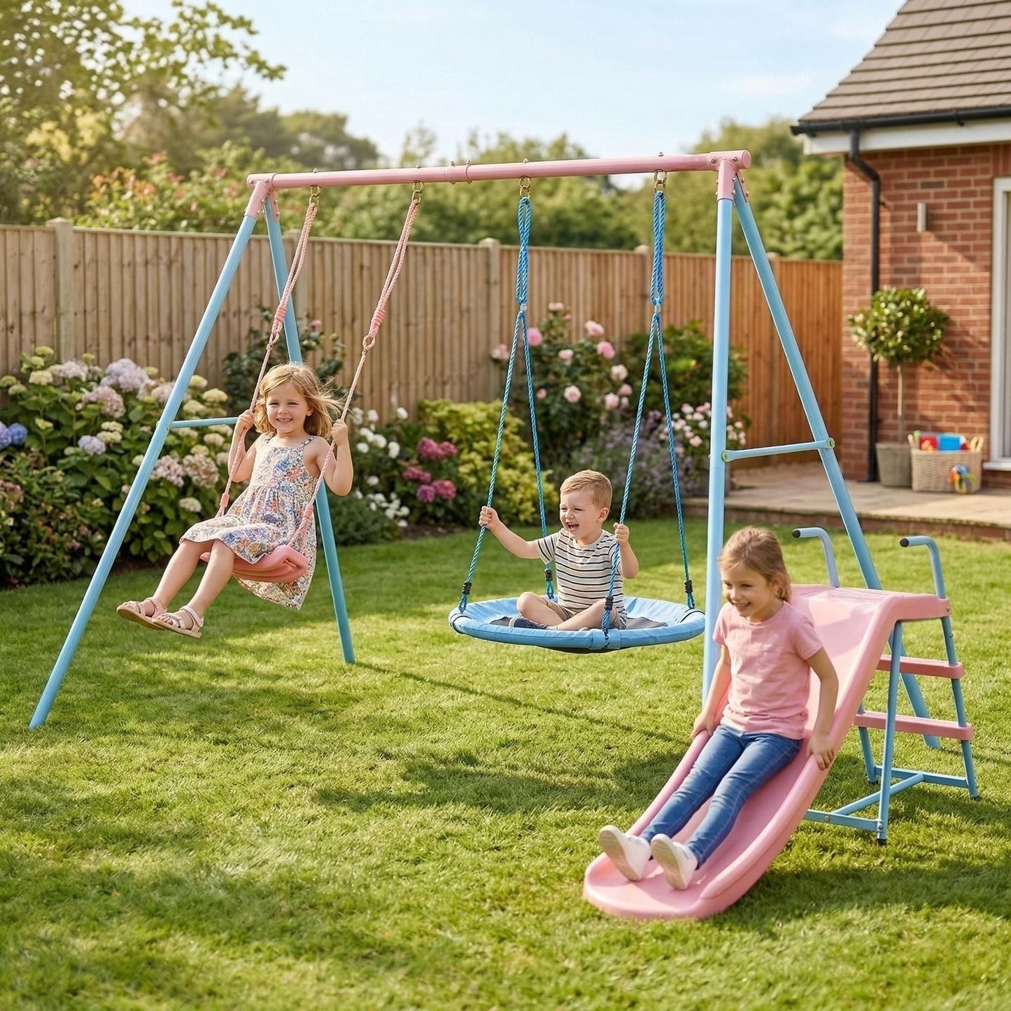 Blue and Pink Outdoor Swing Set with Slide