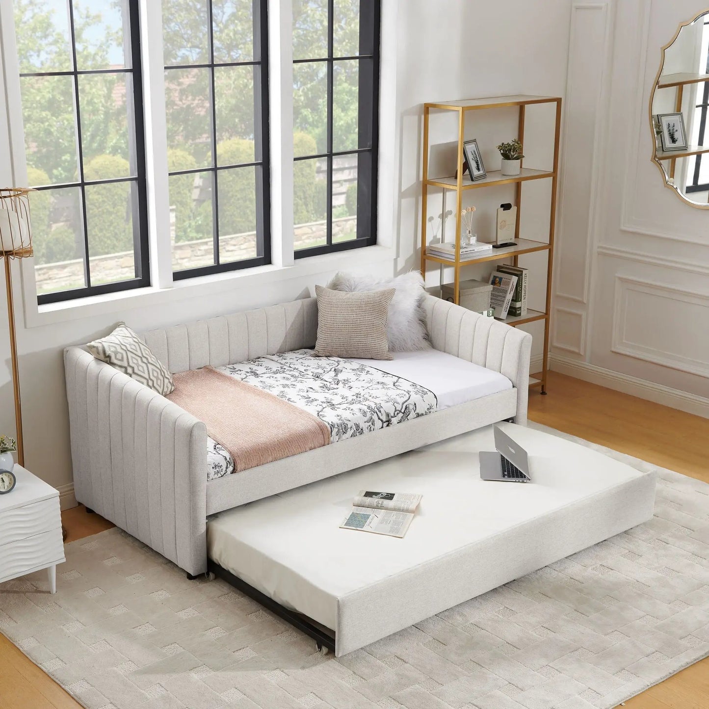 Upholstered daybed with vertical stripe tufting and pull-out trundle by Unique Piece Furniture on Tampa Home & Garden Store