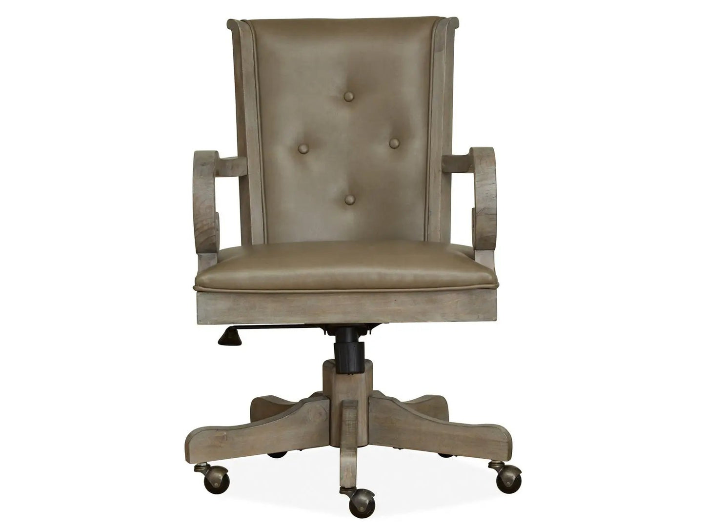 Tinley Park fully upholstered swivel desk chair in Dove Tail Gray with a distressed wood frame on Tampa Home & Garden Store