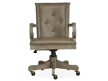 Tinley Park fully upholstered swivel desk chair in Dove Tail Gray with a distressed wood frame on Tampa Home & Garden Store