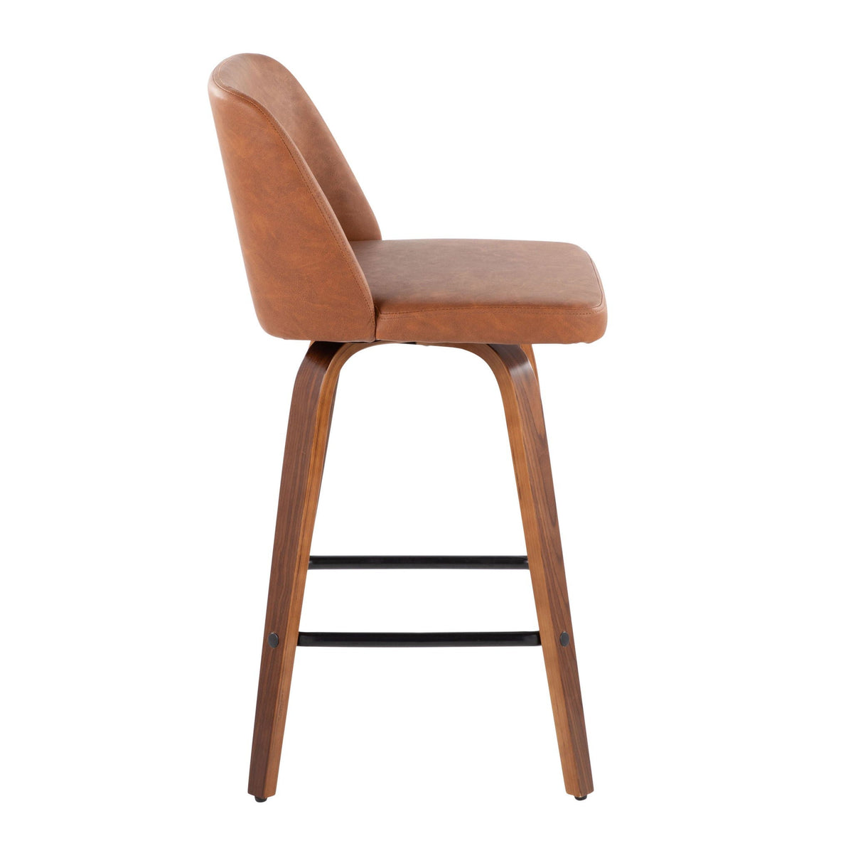 Toriano counter stool, tan leather upholstery with curved wood legs and square footrest on Tampa Home & Garden Store