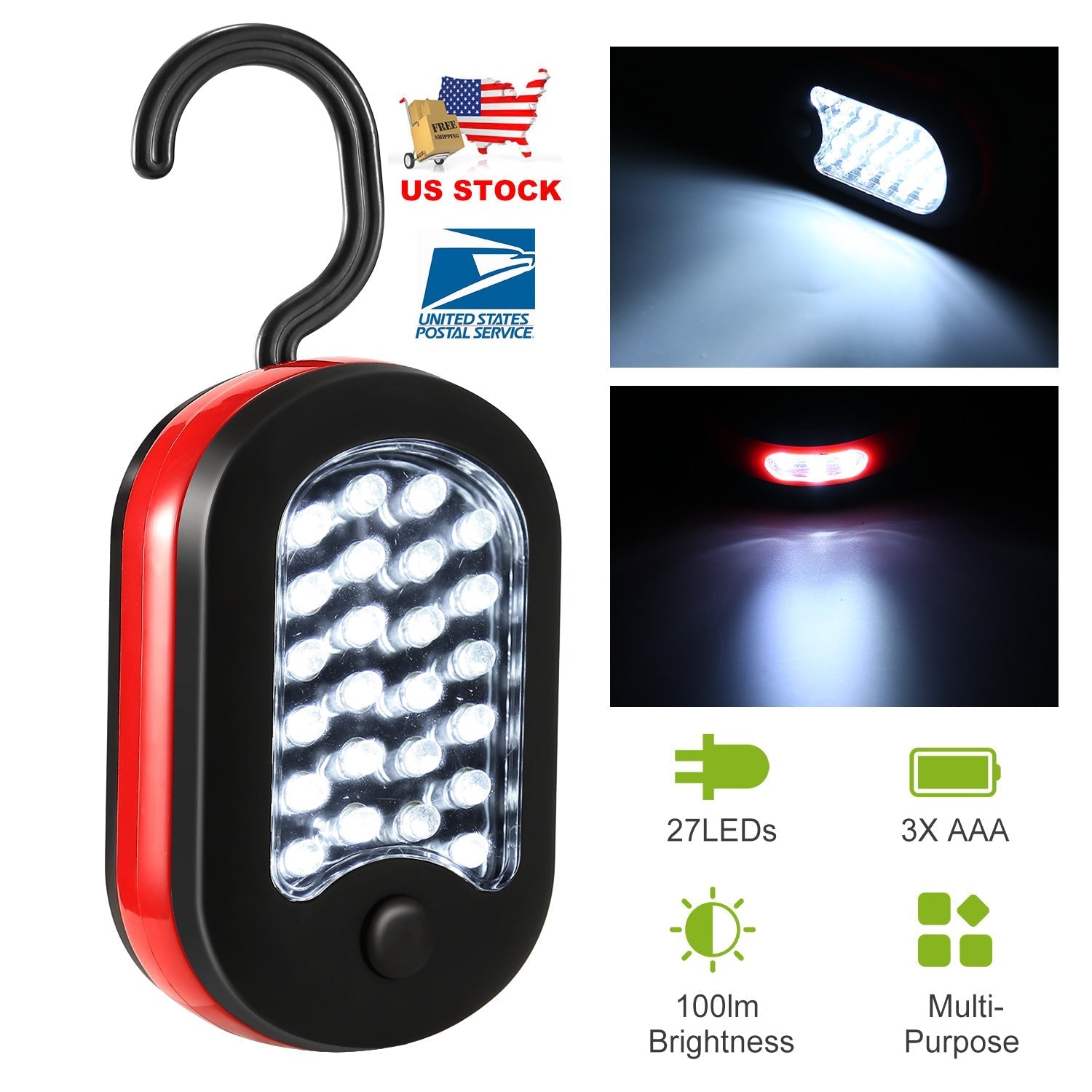 GemGear compact work light with red/black housing, 27 LEDs, hanging hook, 3x AAA powered on Tampa Home & Garden Store