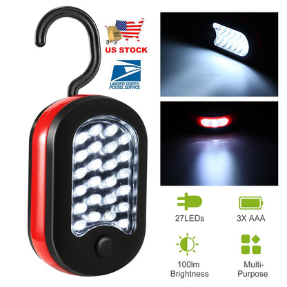 GemGear compact work light with red/black housing, 27 LEDs, hanging hook, 3x AAA powered on Tampa Home & Garden Store