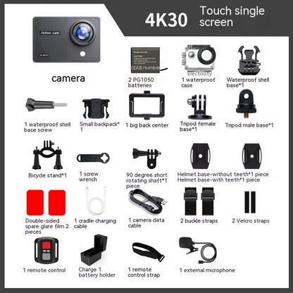 Black 4K30 waterproof action camera with anti-shake and wide-angle lens and accessories on Tampa Home & Garden Store