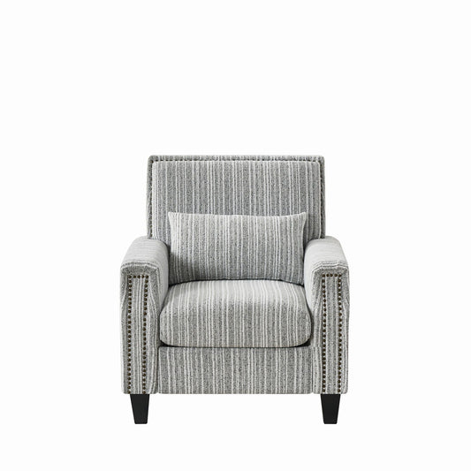 Comfy Armchair by HouseOfZazla gray striped fabric with black legs on Tampa Home & Garden Store
