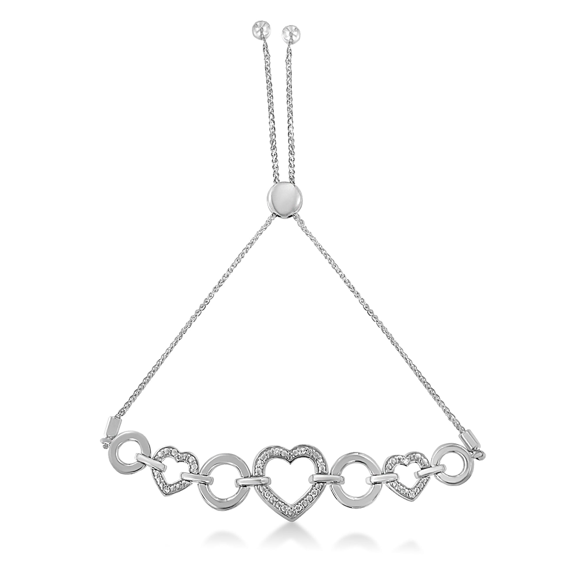 Sterling silver interlinking heart bracelet with diamond accents, adjustable 4–10 in bolo on Tampa Home & Garden Store