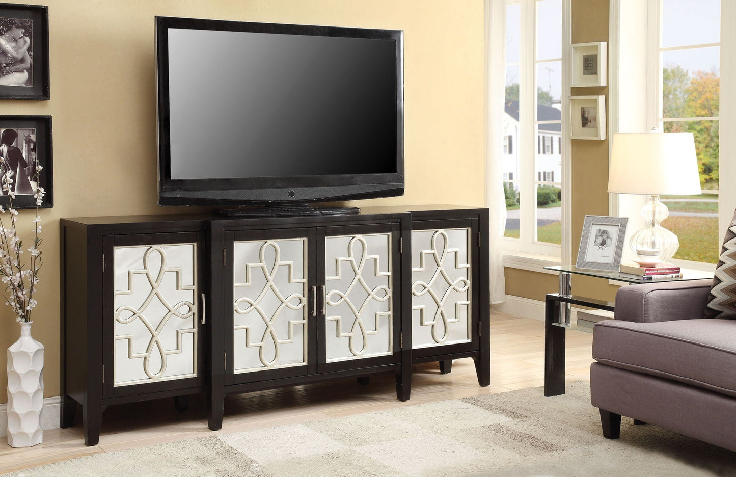 Kacia Console Cabinet black mirrored lattice doors accent cabinet HouseOfZazla on Tampa Home & Garden Store