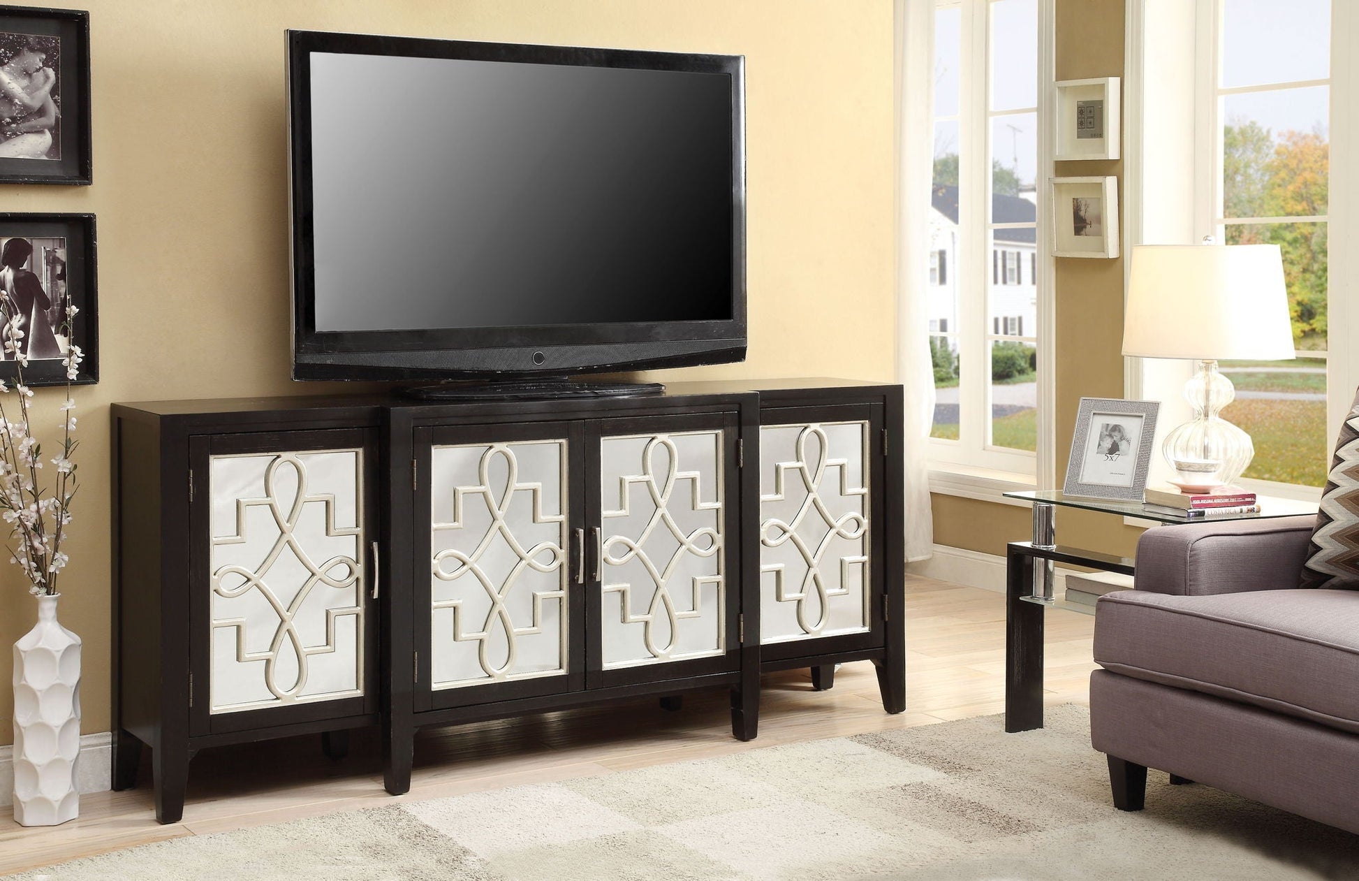Kacia Console Cabinet black mirrored lattice doors accent cabinet HouseOfZazla on Tampa Home & Garden Store