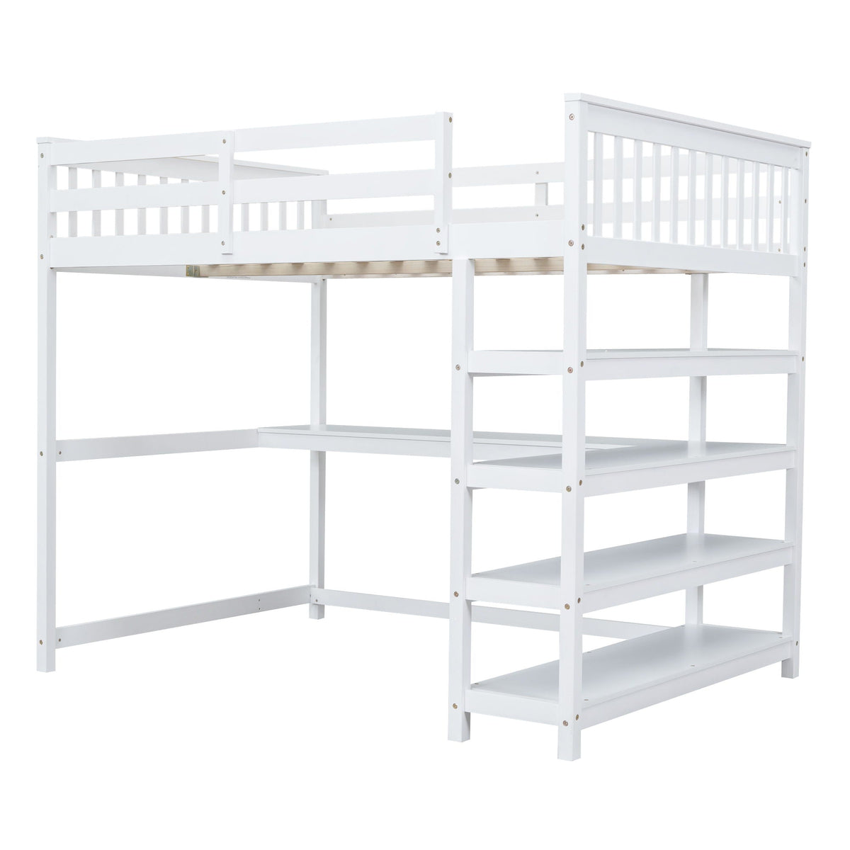 Loft bed with storage shelves and under bed desk, white wooden frame on Tampa Home & Garden Store