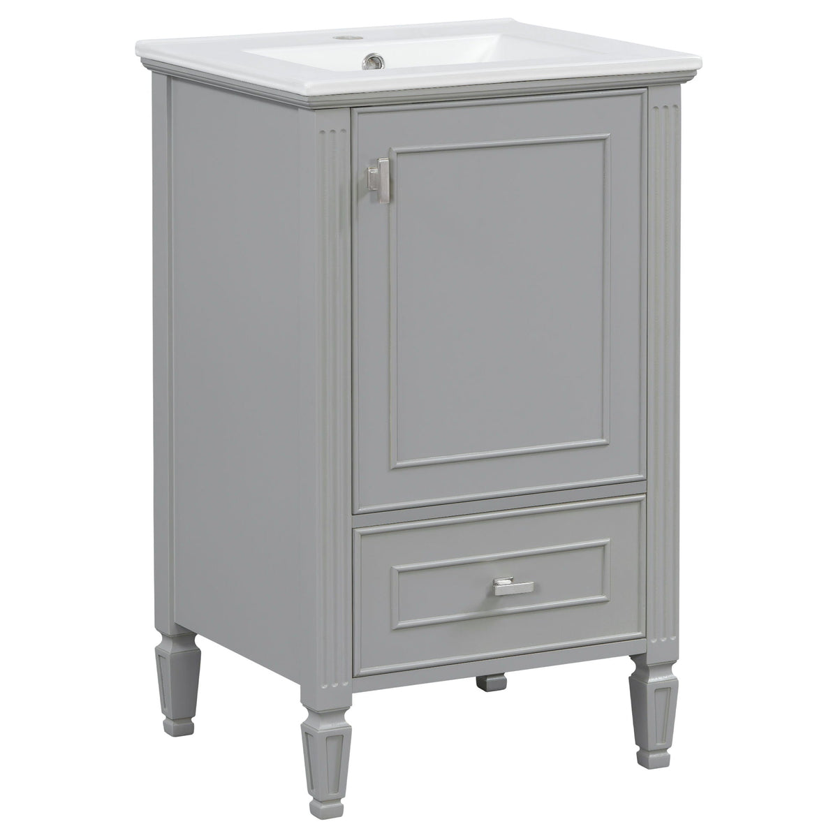 Retro vanity with sink in dark gray, white top, soft-close doors, tapered legs on Tampa Home & Garden Store