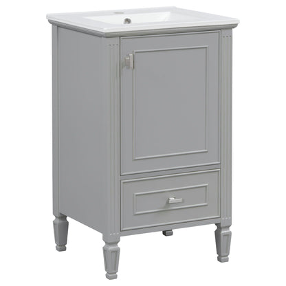 Retro vanity with sink in dark gray, white top, soft-close doors, tapered legs on Tampa Home & Garden Store