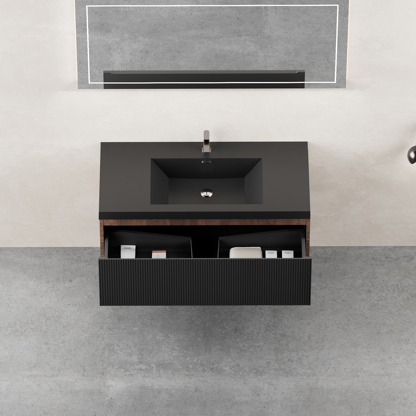 42in floating bathroom vanity with sink and striped storage cabinet in black by HouseOfZazla on Tampa Home & Garden Store