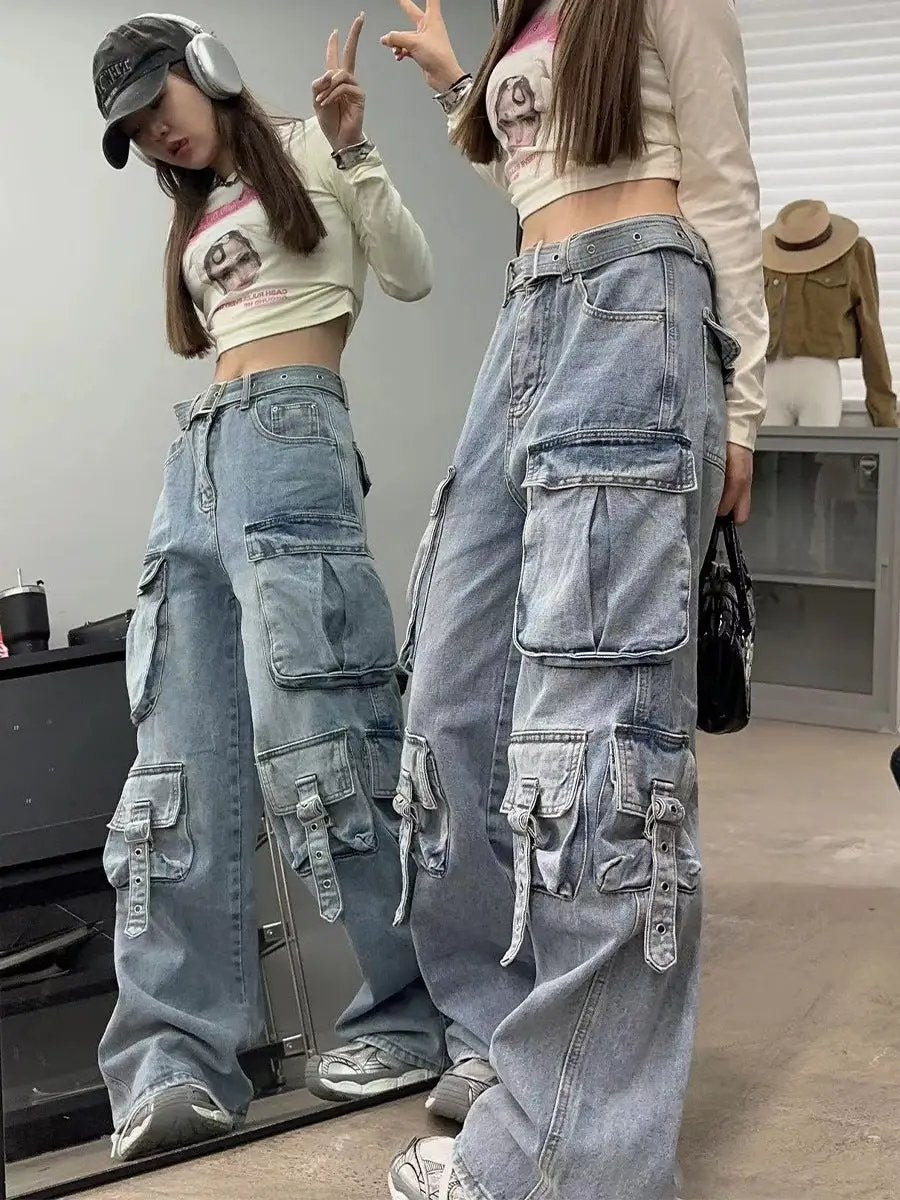 Autumn Vintage Trendy Multi-pocket Workwear Jeans light blue denim by FLIPSTYLEZLLC 2 pairs on Tampa Home & Garden Store