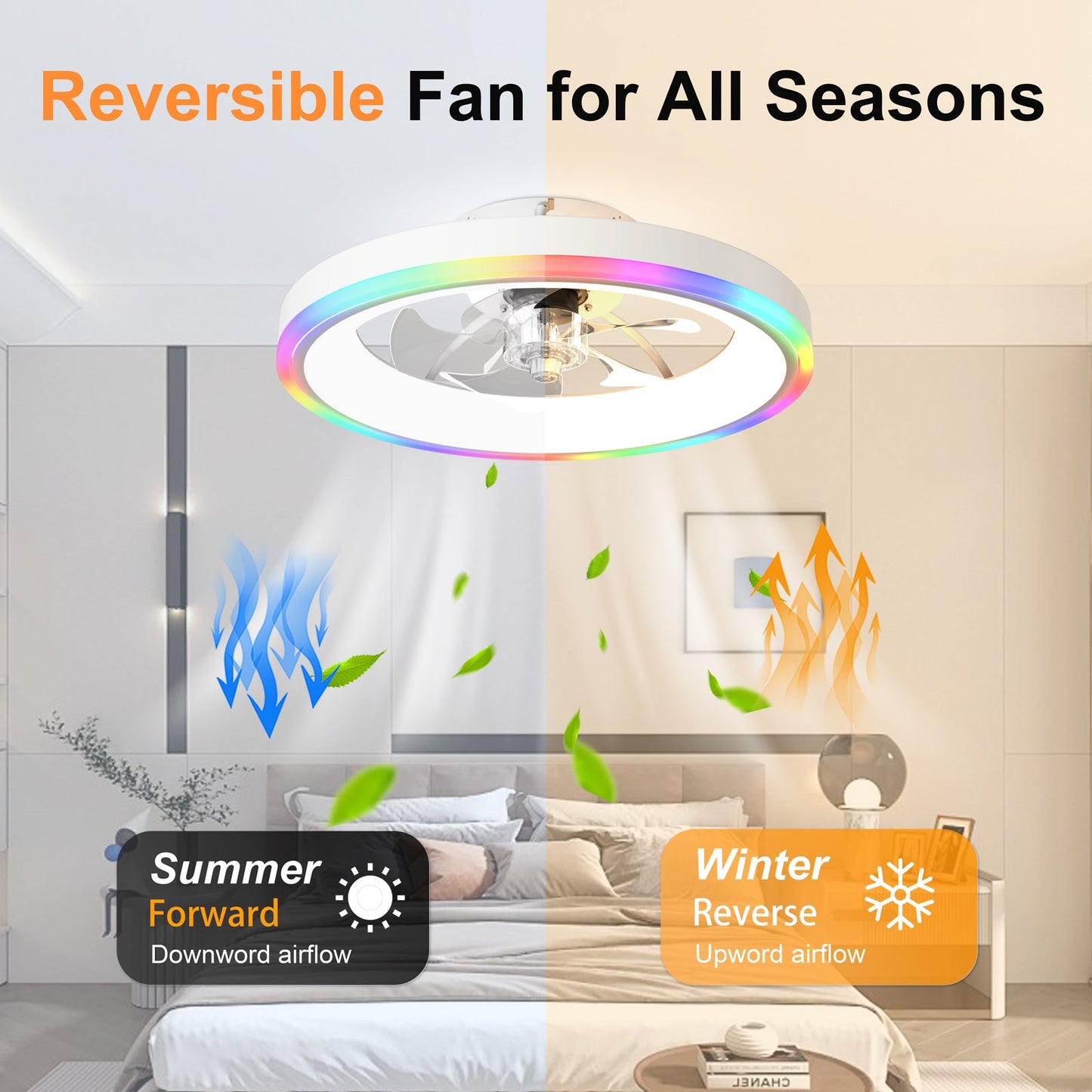 HouseOfZazla 19.7-inch Modern RGB Ceiling Fan with Lights featuring a circular rainbow LED ring on Tampa Home & Garden Store
