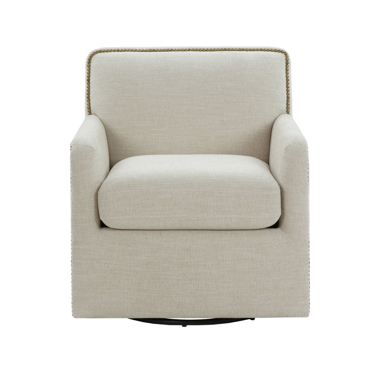 HouseOfZazla beige swivel accent chair with antique brass nailhead trim on Tampa Home & Garden Store