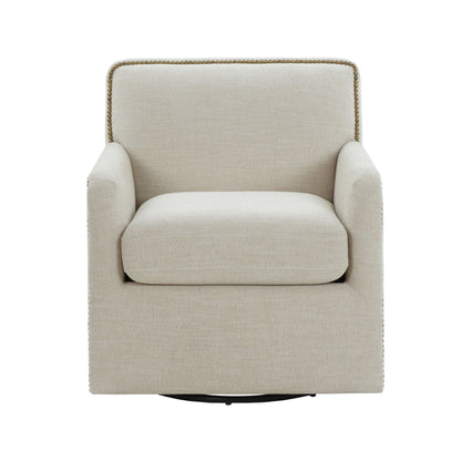 HouseOfZazla beige swivel accent chair with antique brass nailhead trim on Tampa Home & Garden Store