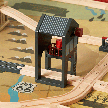 Tiny Land 1920 Railway Train Table with gray station frame and red crane on Route 66 on Tampa Home & Garden Store